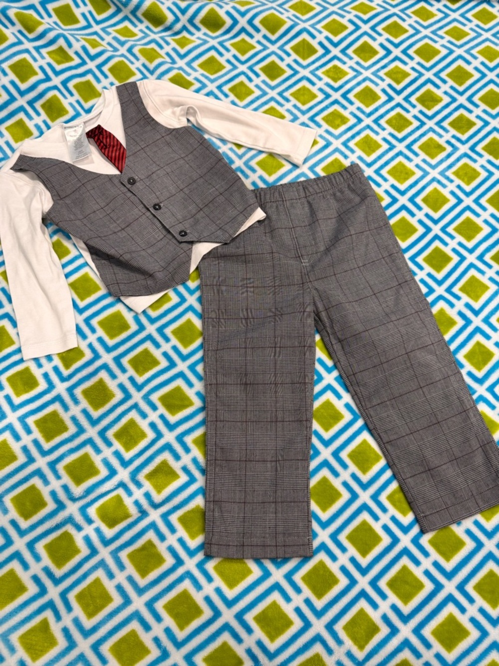Boys Gray Plaid Suit Vest & Pants Set - Classic Formal Wear 24 months